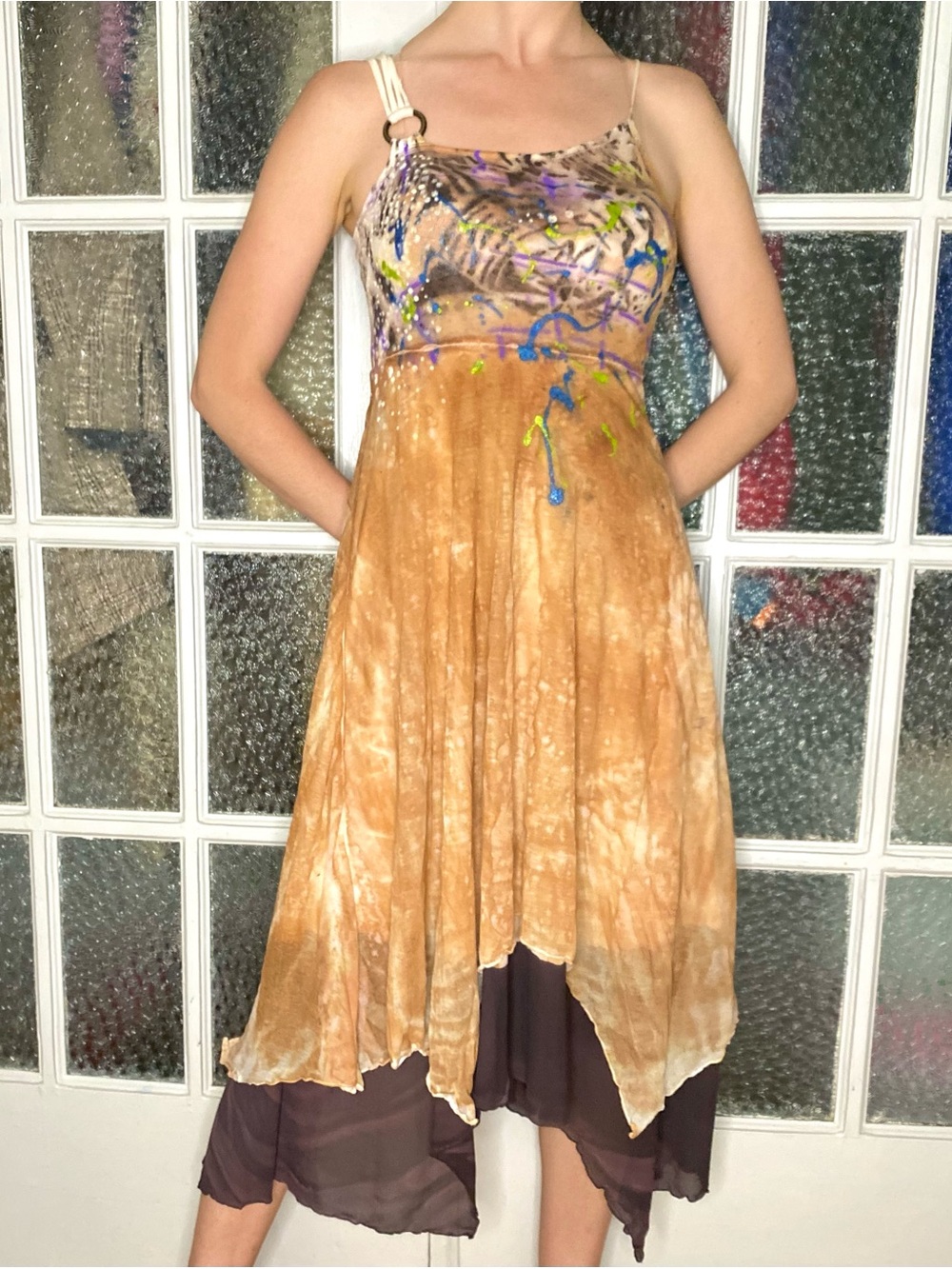 Hand-Dyed grafitti bodice dress with handkerchief hem